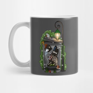 Opossum and raccoon in a trash can having fun Mug